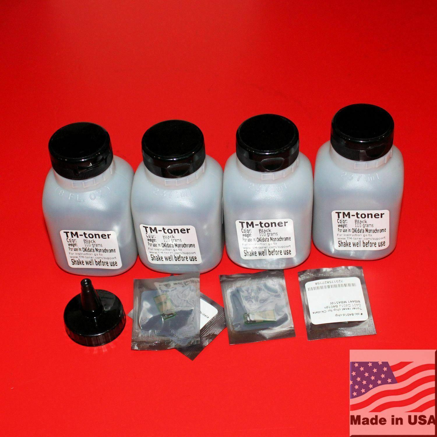 4x toner refill kit with chips for Okidata B401 B401d B401dn MB441 MB451W